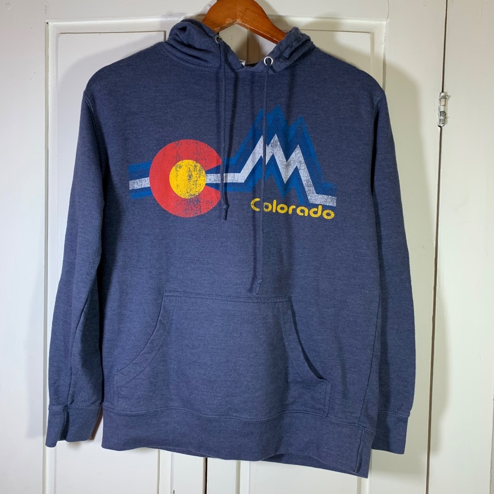 Colorado Mountain Graphic‎ Hoodie Mountains Blue Mens Small Duck Travel Gorpcore